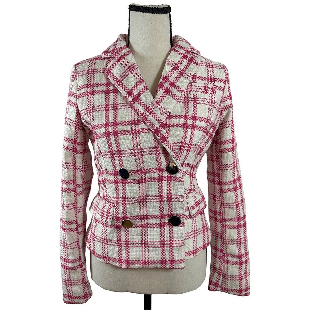 Rachel Zoe Pink & White Windowpane Tweed Double Breasted Jacket | Size S NWT